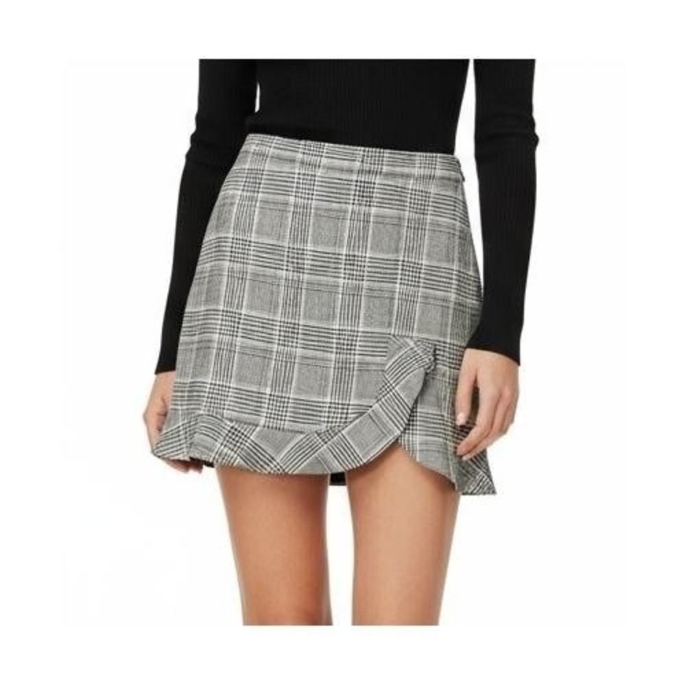 Zara Woman Glen Plaid Mini Skirt Large Black White Ruffle Hem Preppy‎ Office L